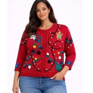 Vintage 90s Christmas Ornament Red Cardigan Ugly Cute Sweater August Max  XL